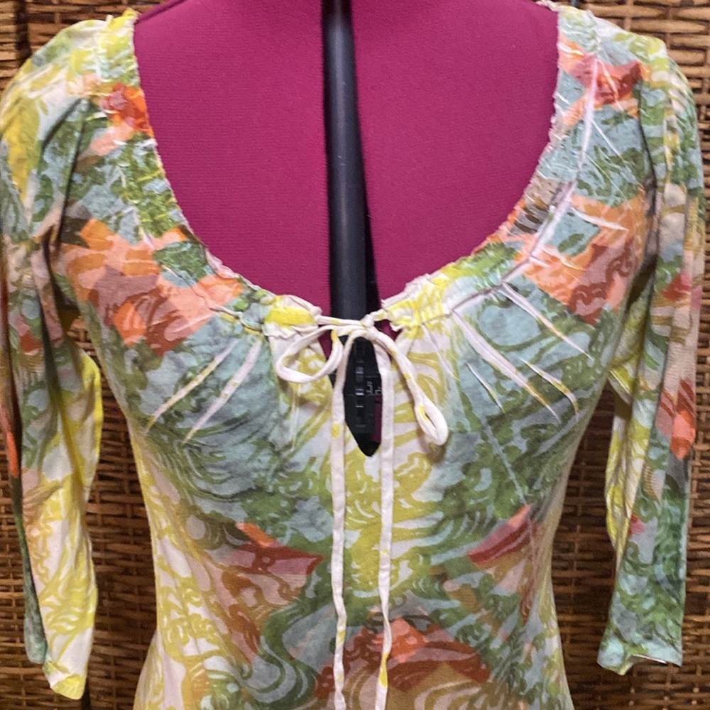 EUC anthropology Butterfly dropout orange, yellow, blue blouse, top S - Picture 2 of 7